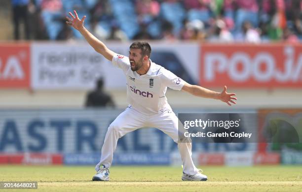 England bowler Mark Wood appeals for the wicket of India batsman Jasprit Bumrah which is given out after review during day two of the 3rd Test Match...