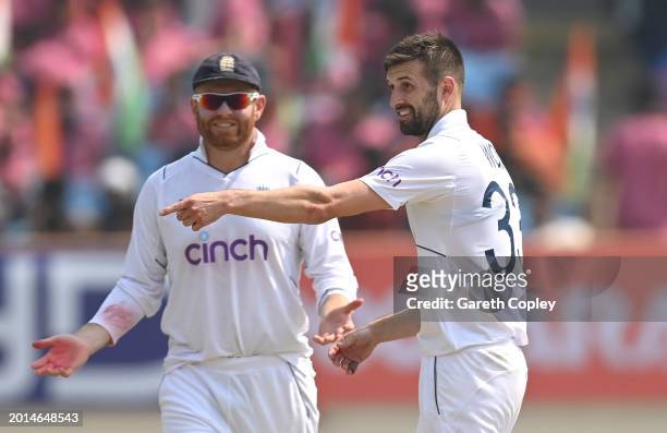 England bowler Mark Wood celebrates after taking the wicket of India batsman Jasprit Bumrah which is given out after review during day two of the 3rd...
