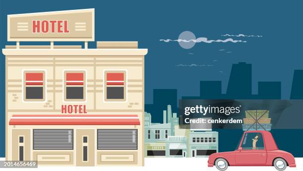 hotel and the car - surfboard building stock illustrations