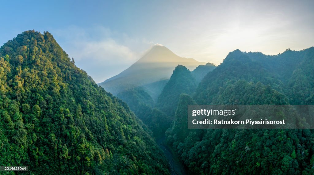 Aerial View Sunrise Scene Eruption Of Merapi Volcano On Java Indonesia ...