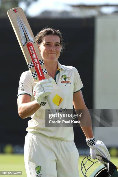 Annabel Sutherland of Australia walks from the field after being dismissed for 210 during day two of the Women's Test match between Australia and...