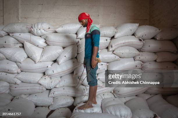 Vishnu Kumar, a migrant worker from Motihari, Bihar, stands on sacks of coffee inside a coffee curing works plant on January 20, 2024 in Kushalnagar...
