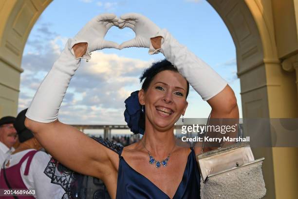 Gee Lyon, wearing an Art Deco costume, enjoys the festival on February 16, 2024 in Napier, New Zealand. The City of Napier celebrated the first...