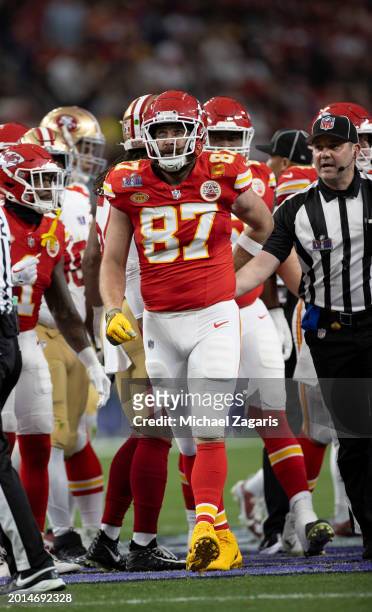 Travis Kelce of the Kansas City Chiefs on the field during Super Bowl LVIII against the San Francisco 49ers at Allegiant Stadium on February 11, 2024...