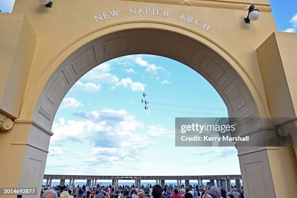 Harvard warbirds perform a flying display on February 16, 2024 in Napier, New Zealand. The City of Napier celebrated the first official Art Deco...