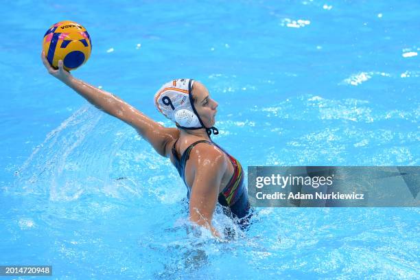 Judith Forca Ariza of Team Spain competes in the Women's Water Polo Bronze Medal Match between Team Spain and Team Greece on day fifteen of the Doha...