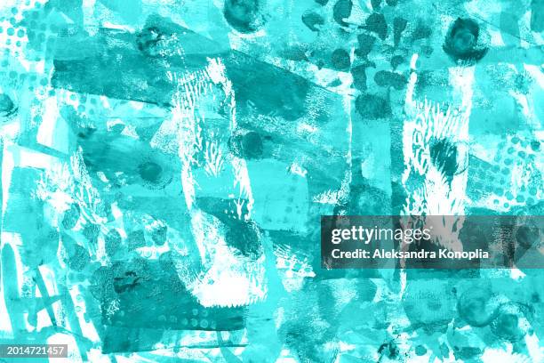contemporary abstract shape analog art texture. turquoise monochrome playful mono printed full frame hand painted art pattern - fondo turquesa fotografías e imágenes de stock