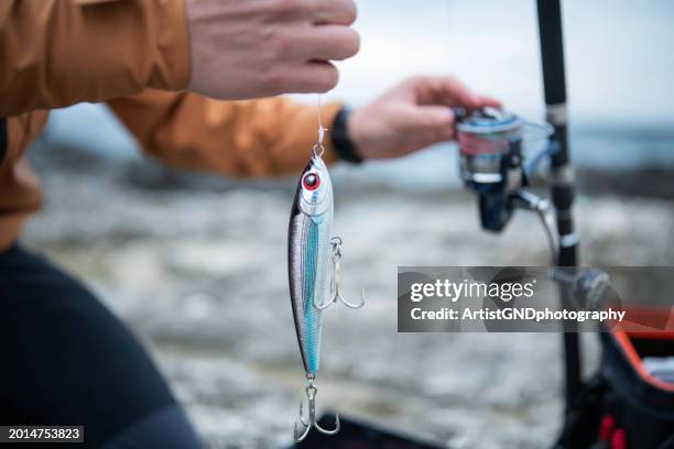 close-up of man preparing fishing lures for shore fishing. - fishing bait stock pictures, royalty-free photos & images