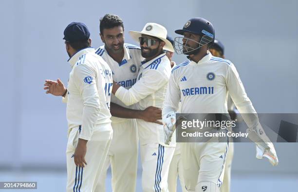 India bowler Ravi Ashwin is congratulated by team mates after taking the wicket of Zak Crawley to reach his 500th Test Wicket during day two of the...