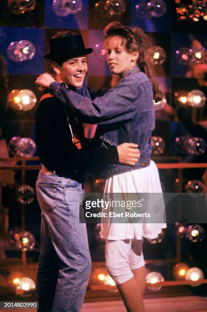 American singer Joey McIntyre of New Kids On The Block, appearing on the TV show, 'Dance Party USA' in Philadelphia, Pennsylvania on April 22, 1989.