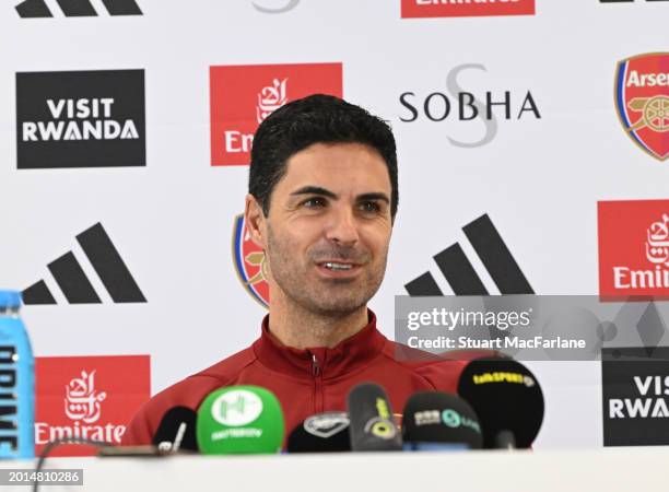 Arsenal manager Mikel Arteta attends a press conference at Sobha Realty Training Centre on February 16, 2024 in London Colney, England.