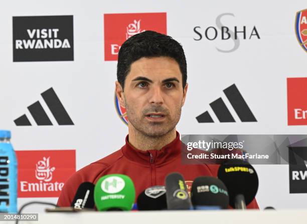 Arsenal manager Mikel Arteta attends a press conference at Sobha Realty Training Centre on February 16, 2024 in London Colney, England.