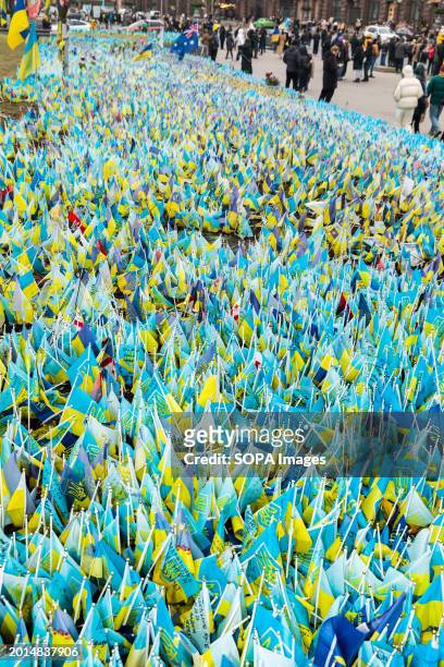 Large number of Ukrainian flags seen at the central square of the capital with the names of prisoners and those who died in the war with Russia. On...