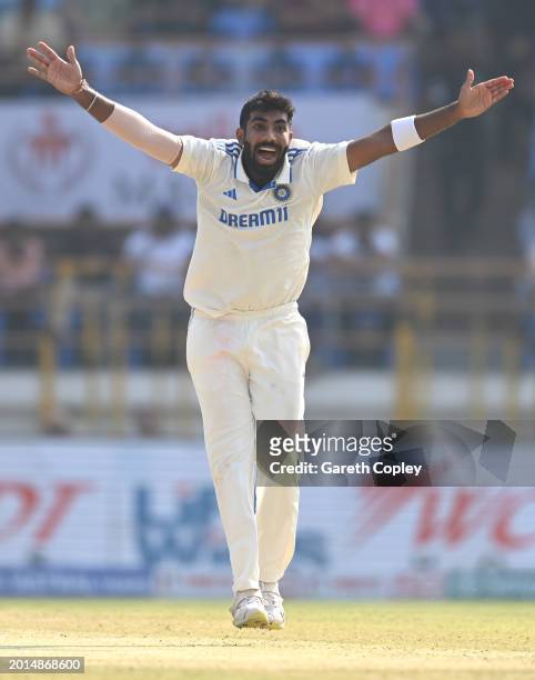 India bowler Jasprit Bumrah appeals without success for a wicket during day two of the 3rd Test Match between India and England at Saurashtra Cricket...