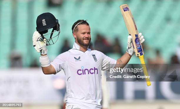 England batsman Ben Duckett reaches his century during day two of the 3rd Test Match between India and England at Saurashtra Cricket Association...