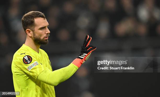 Pau López of Marseille gestures during the UEFA Europa League 2023/24 Knockout Round Play-offs First Leg match between FC Shakhtar Donetsk and...