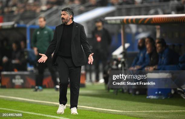 Gennaro Gattuso, head coach of Marseille shouts during the UEFA Europa League 2023/24 Knockout Round Play-offs First Leg match between FC Shakhtar...