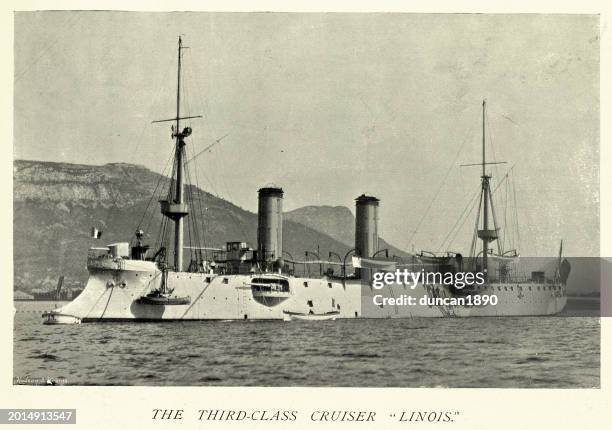 french navy warships, cruiser lionois, naval military history, 19th century 1890s - horizontal funnel stock illustrations