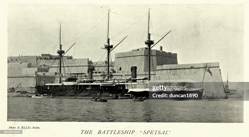 Greek Navy Warship, Ironclad Battleship Spetsai, Navy Military History, 19th Century 1890s