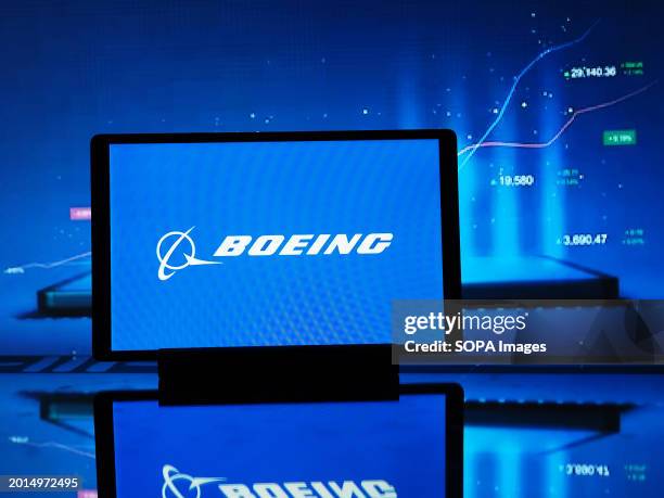 In this photo illustration, The Boeing Company logo seen displayed on a tablet.