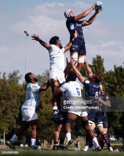 Josh Canham of the Rebels wins a line-out during the Super Rugby Pacific Pre-Season Match between Melbourne Rebels and Fijian Drua at Gosch's Paddock...