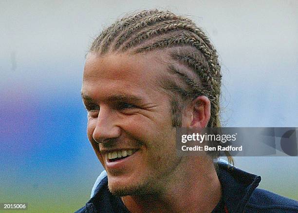 David Beckham of England looks on during the England training session at ADSL Stadium on May 20, 2003 in Durban, South Africa.