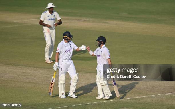 England batsman Ben Duckett is congratulated by Joe Root as he leaves the field at close of play unbeaten on 133 runs during day two of the 3rd Test...