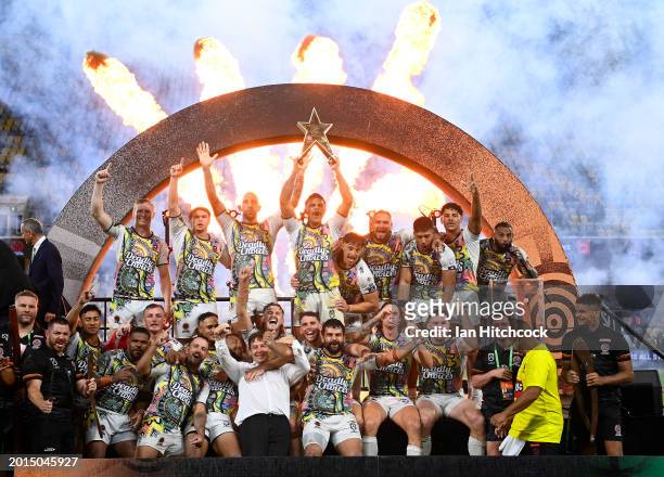 The Men's Australia Indigenous All Stars players celebrate victory during the NRL All-Stars match between Men's Australia Indigenous All Stars and...
