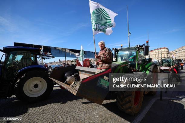 Protestor waves a flag with the logo of French agricultural union FNSEA as he sits atop a tractor at the Vieux Port during a demonstration of French...