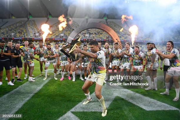 The Men's Australia Indigenous All Stars players celebrate victory during the NRL All-Stars match between Men's Australia Indigenous All Stars and...