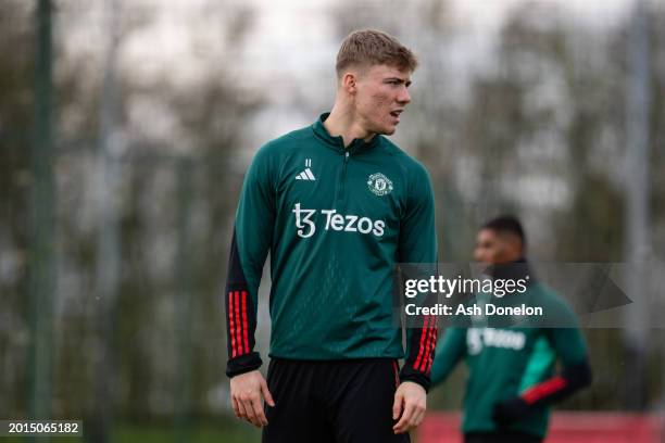 Rasmus Hojlund of Manchester United in action during a first team training session at Carrington Training Ground on February 15, 2024 in Manchester,...