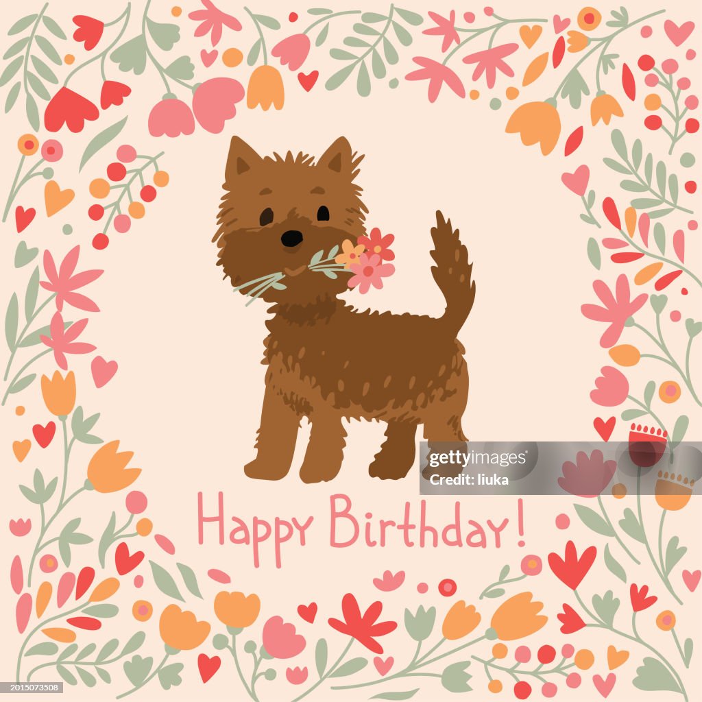 Birthday greeting card design with a cute Yorkshire terrier puppy in flowers holding bouquet