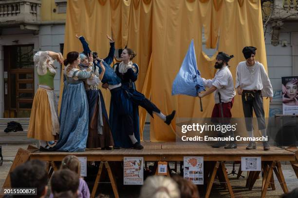 Actors of the company Atelier Teatro perform a scene of the tragicomedy “Florio e Isabella”, inspired by the Shakespearean tragedy of Romeo and...