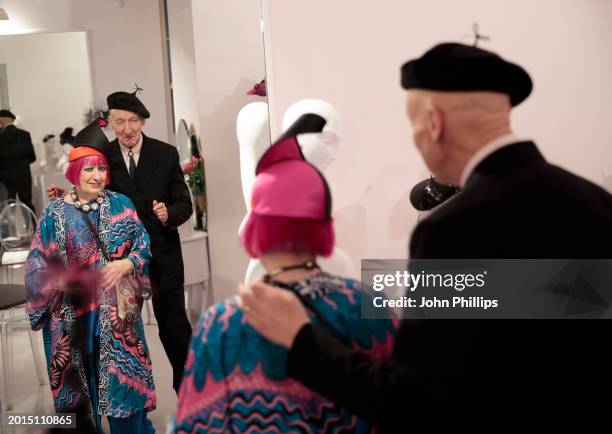Milliner Stephen Jones with Dame Zandra Rhodes during the Stephen Jones Millinery presentation during London Fashion Week February 2024 on February...