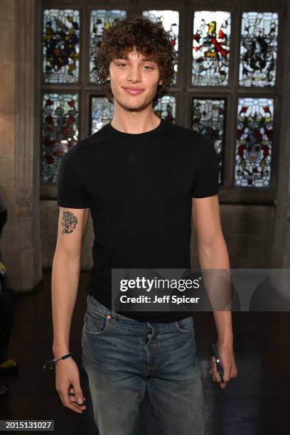 Bobby Brazier attends the Edward Crutchley show during London Fashion Week February 2024 at Ironmongers Hall, Barbican on February 16, 2024 in...