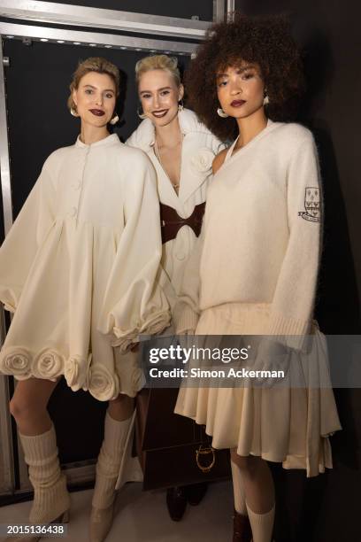 Models backstage ahead of the Paul Costelloe show during London Fashion Week February 2024 at Lindley Hall on February 16, 2024 in London, England.