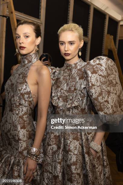 Models backstage ahead of the Paul Costelloe show during London Fashion Week February 2024 at Lindley Hall on February 16, 2024 in London, England.