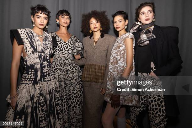 Models backstage ahead of the Paul Costelloe show during London Fashion Week February 2024 at Lindley Hall on February 16, 2024 in London, England.