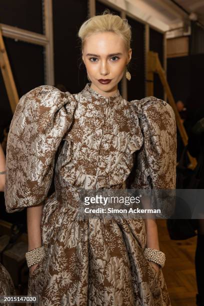 Model backstage ahead of the Paul Costelloe show during London Fashion Week February 2024 at Lindley Hall on February 16, 2024 in London, England.