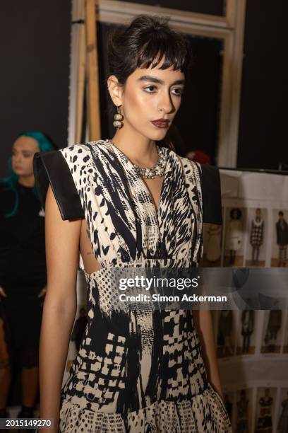 Model backstage ahead of the Paul Costelloe show during London Fashion Week February 2024 at Lindley Hall on February 16, 2024 in London, England.