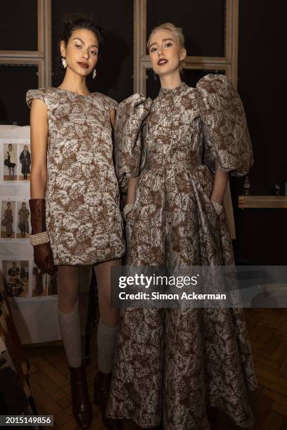 Models backstage ahead of the Paul Costelloe show during London Fashion Week February 2024 at Lindley Hall on February 16, 2024 in London, England.