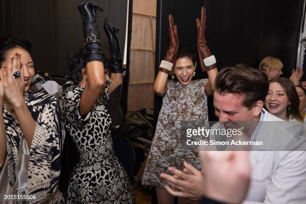 Models backstage ahead of the Paul Costelloe show during London Fashion Week February 2024 at Lindley Hall on February 16, 2024 in London, England.