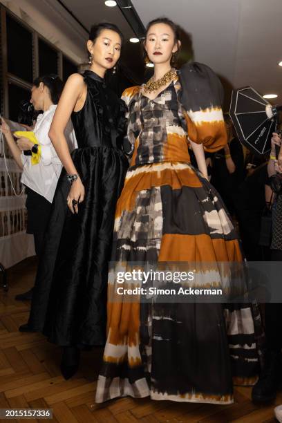 Models backstage ahead of the Paul Costelloe show during London Fashion Week February 2024 at Lindley Hall on February 16, 2024 in London, England.