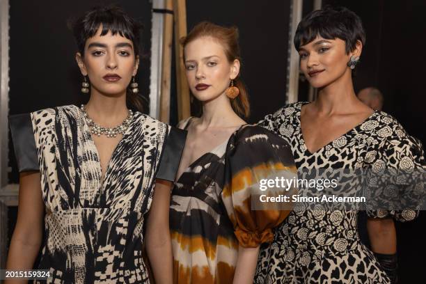 Models backstage ahead of the Paul Costelloe show during London Fashion Week February 2024 at Lindley Hall on February 16, 2024 in London, England.