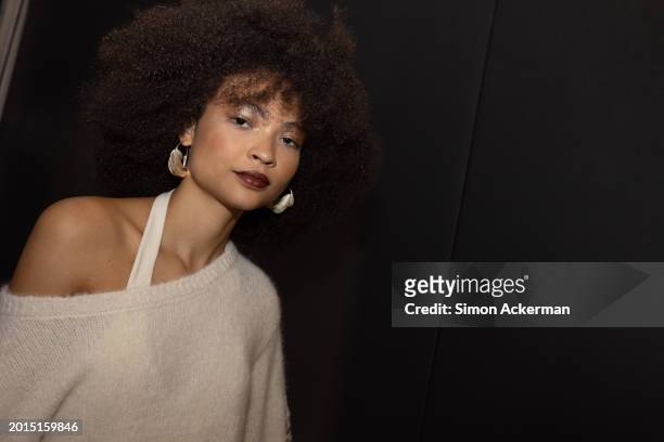 Model backstage ahead of the Paul Costelloe show during London Fashion Week February 2024 at Lindley Hall on February 16, 2024 in London, England.