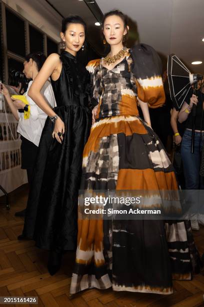 Models backstage ahead of the Paul Costelloe show during London Fashion Week February 2024 at Lindley Hall on February 16, 2024 in London, England.