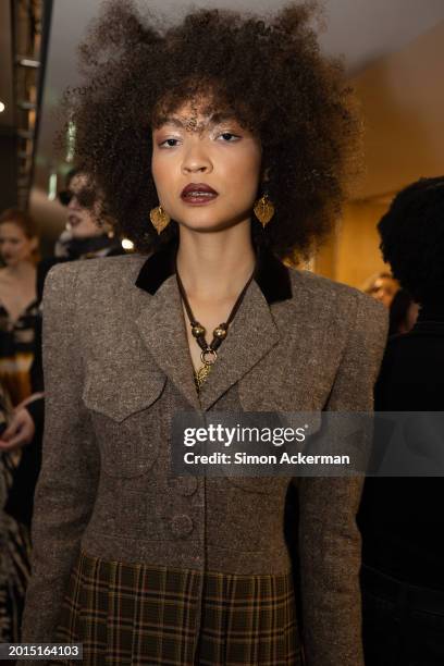 Model backstage ahead of the Paul Costelloe show during London Fashion Week February 2024 at Lindley Hall on February 16, 2024 in London, England.