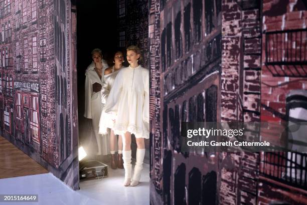 Models backstage ahead of the Paul Costelloe show during London Fashion Week February 2024 at Lindley Hall on February 16, 2024 in London, England.