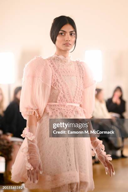 Model walks the runway at the Bora Aksu show during London Fashion Week February 2024 on February 16, 2024 in London, England.