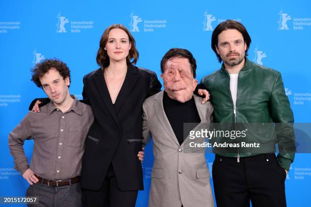 Aaron Schimberg, Renate Reinsve, Adam Pearson and Sebastian Stan pose at the "A Different Man" photocall during the 74th Berlinale International Film...